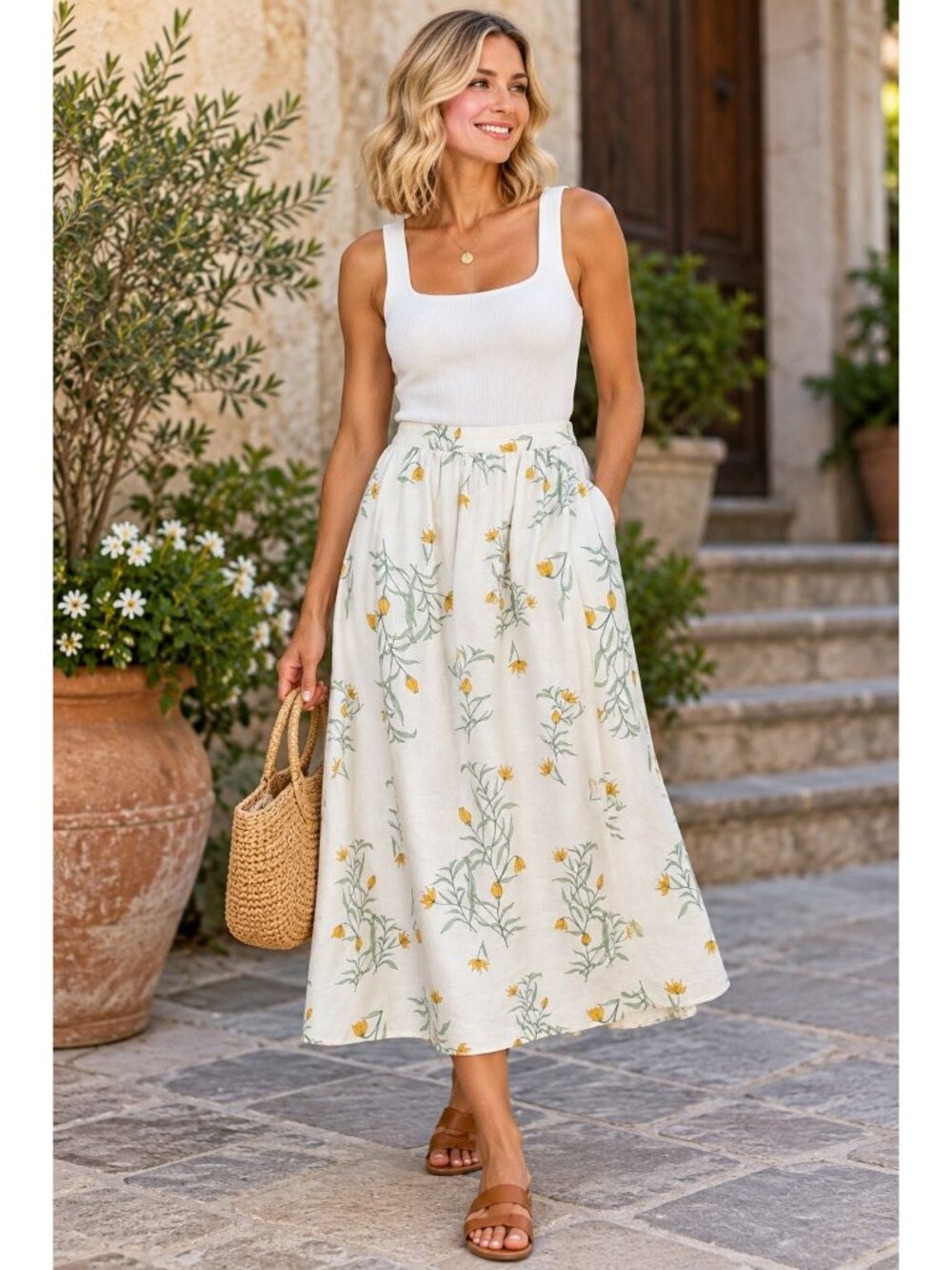 Joie Linen Blend Ivory Floral Midi Skirt Medium